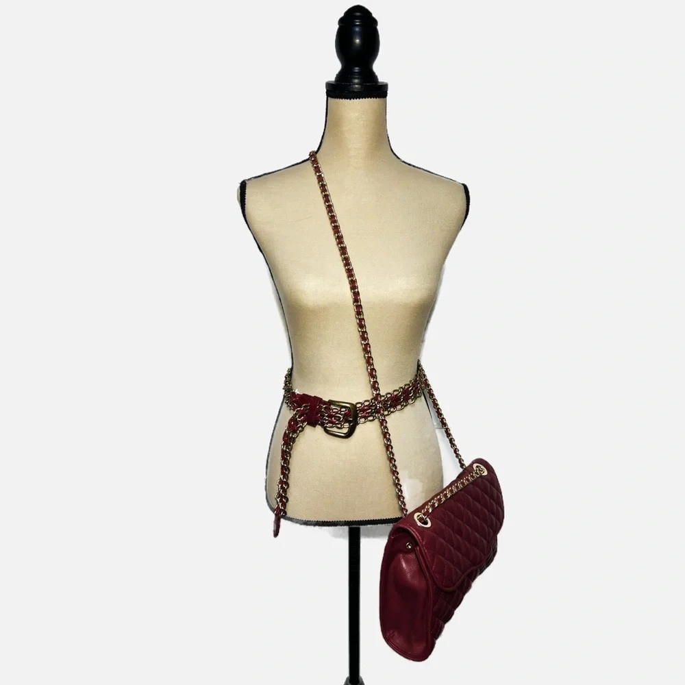 Vintage Antiqued Gold and Burgundy Vegan Leather Woven Chain Belt Womens size S